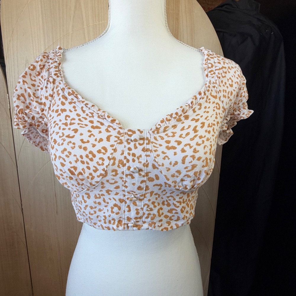 Urban Romantics Crop Top Small Orange Leopard Lace Up Back Casual Boho Top